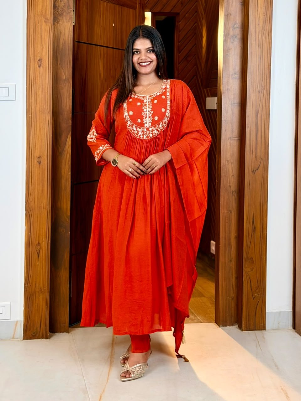 Coral Embroidered Anarkali Set-Burnt Orange