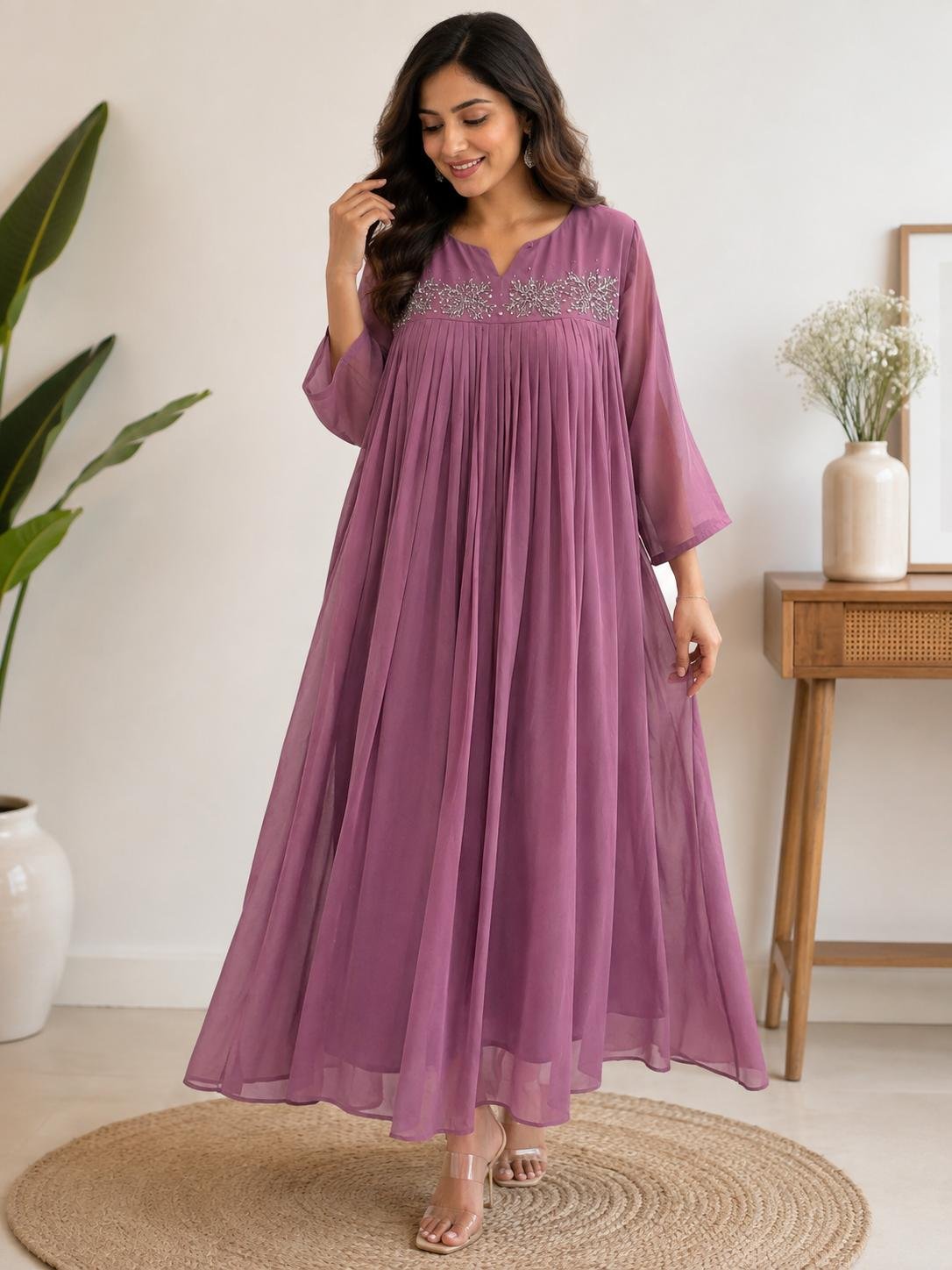 Elegant Purple Handwork Maxi Dress