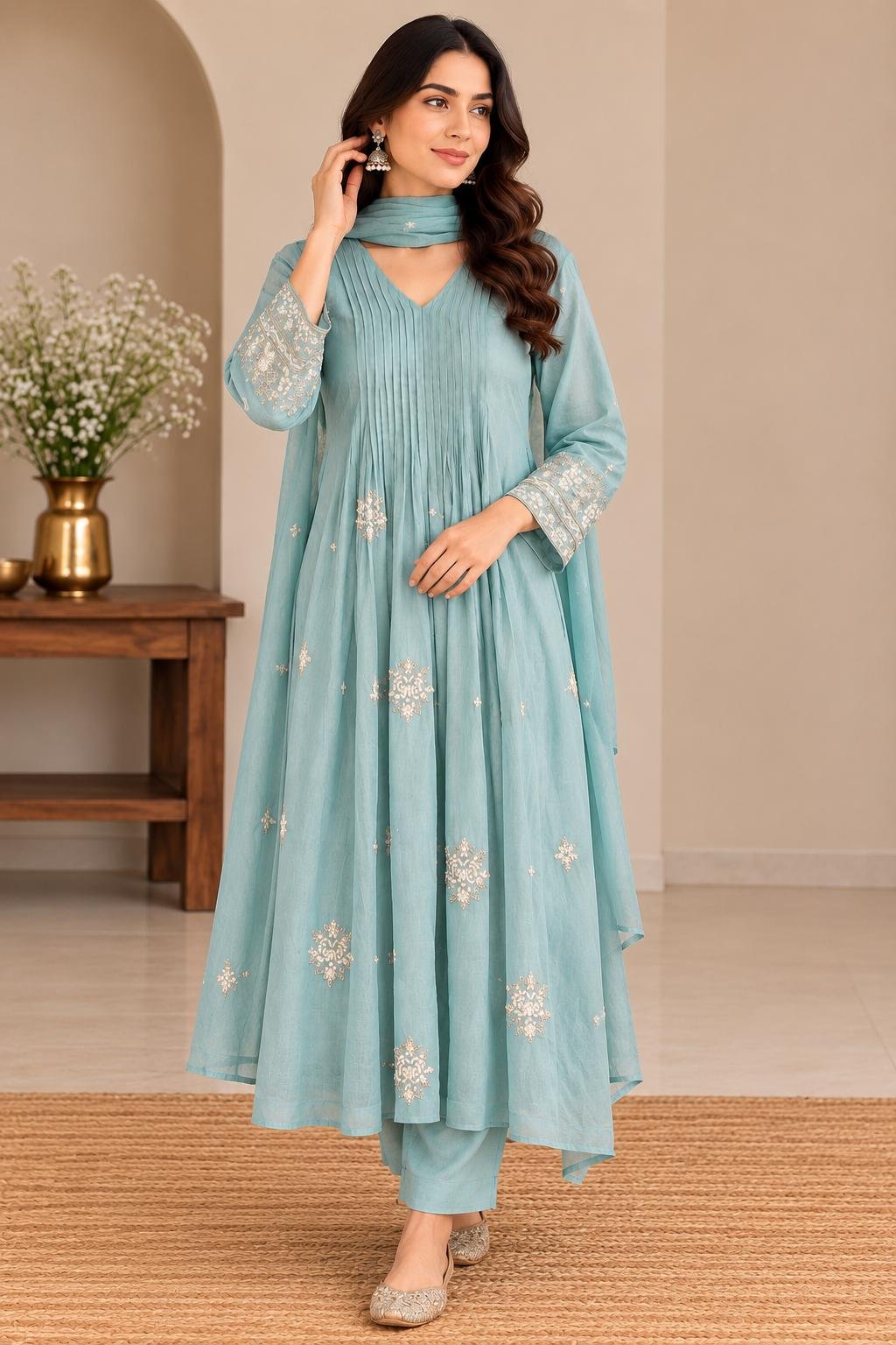 Mul Chanderi Anarkali set-pastel blue