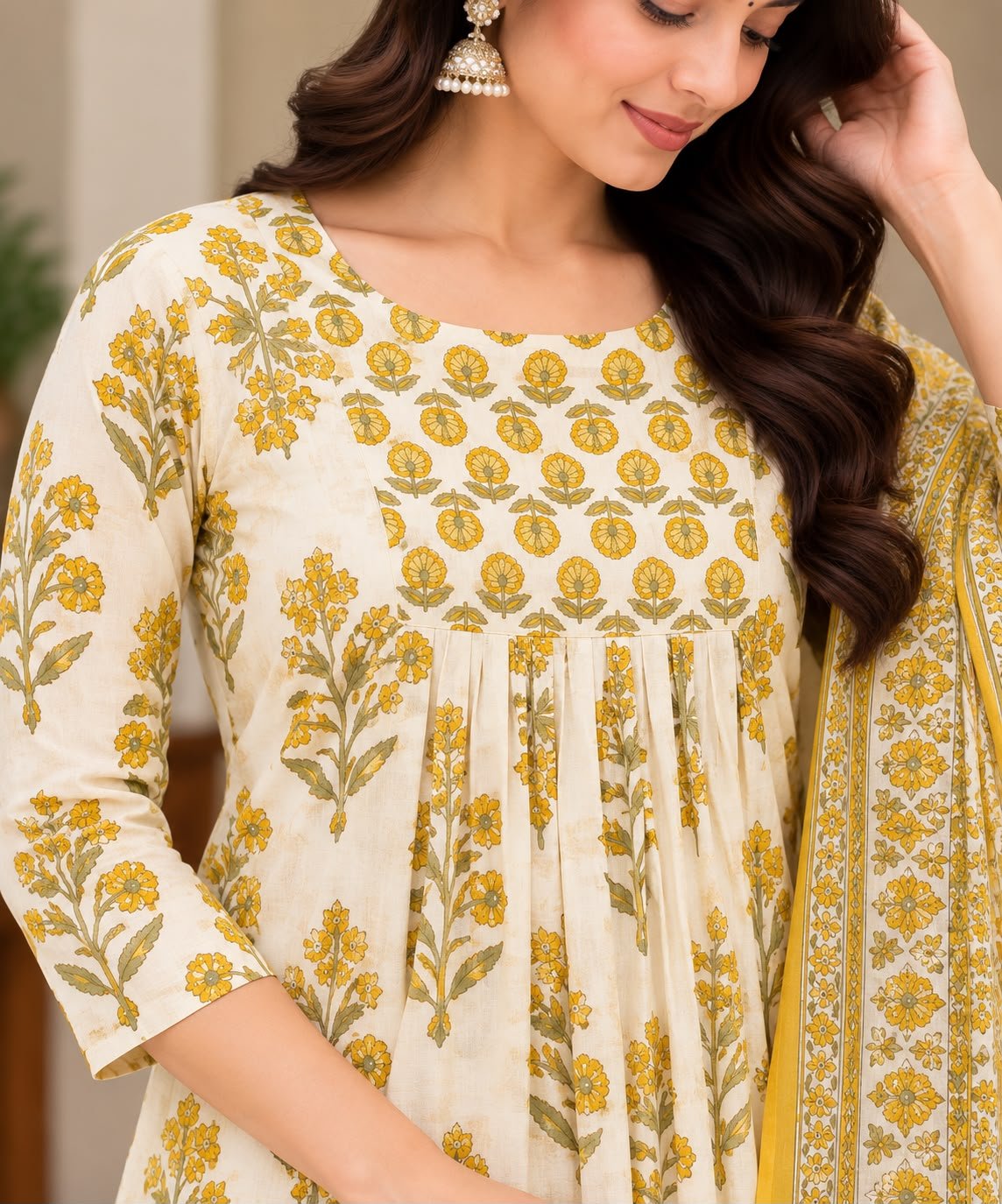 Premium Cotton Floral Printed Dress – Ivory & Mustard Yellow thumbnail