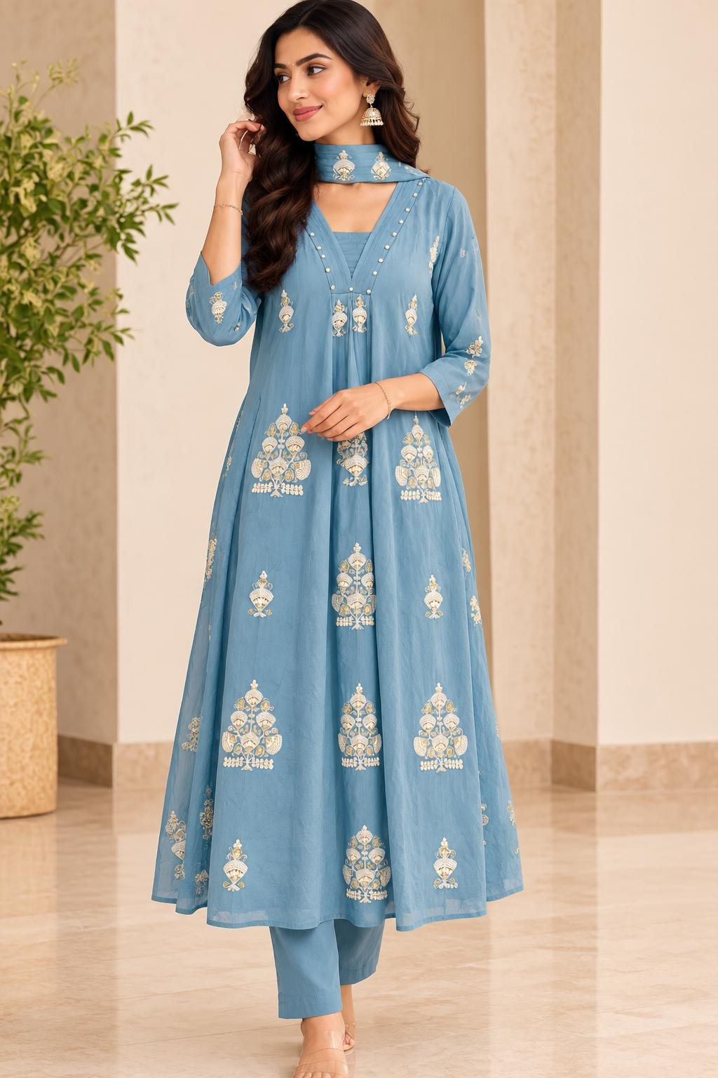 Elegant Dusty Blue Chinnon Anarkali Set