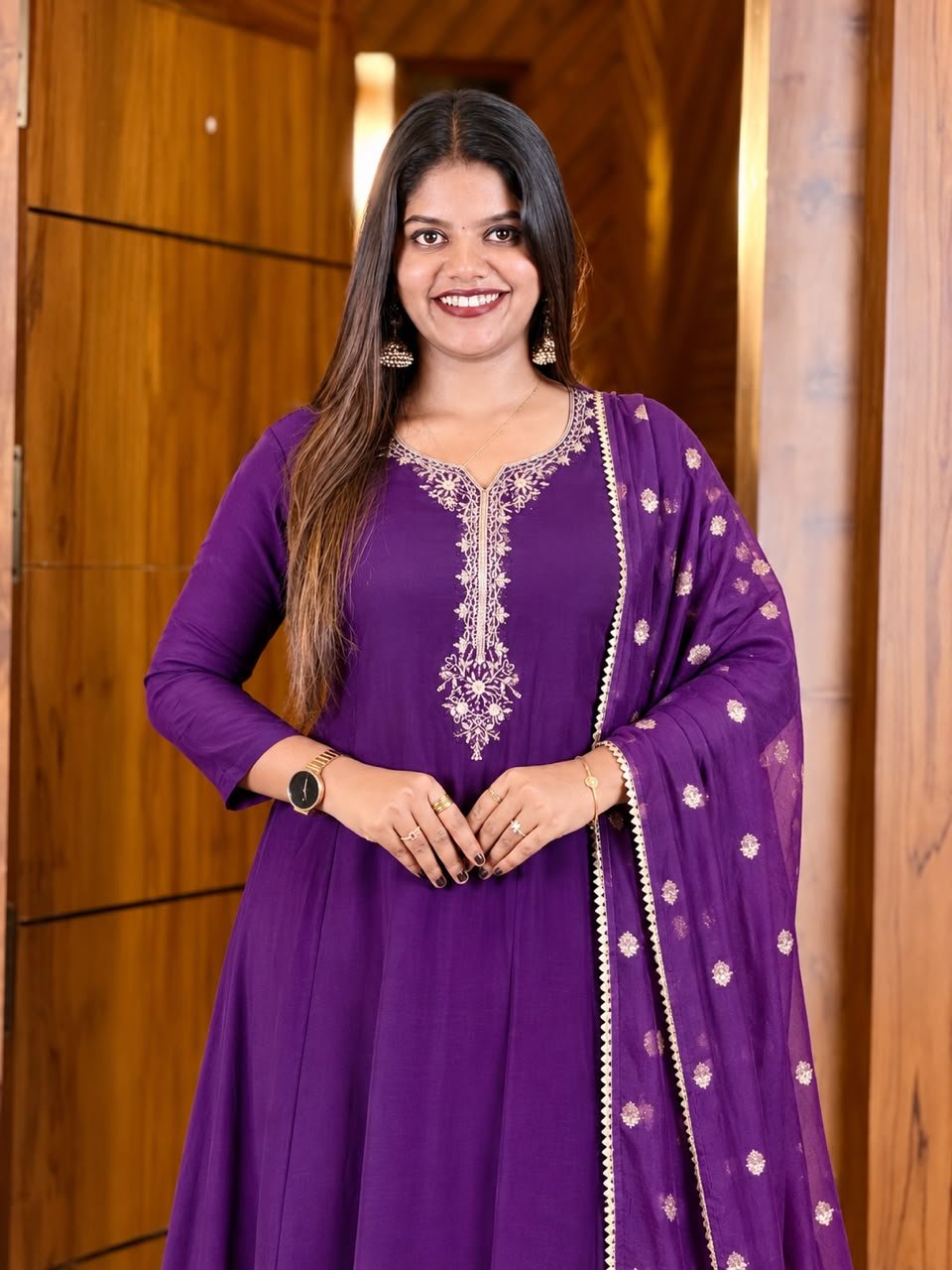 Mul Chanderi Embroidered Dress Set-Purple thumbnail
