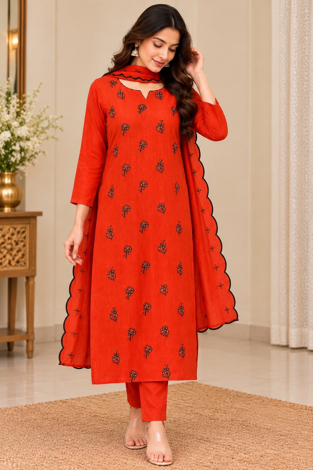 Elegant Vermilion Orange Embroidered Kurta Set