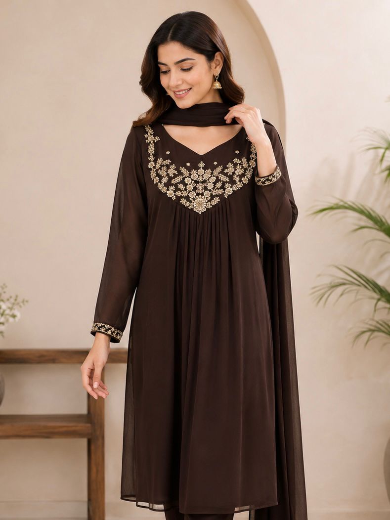 Chocolate brown georgette handwork kura