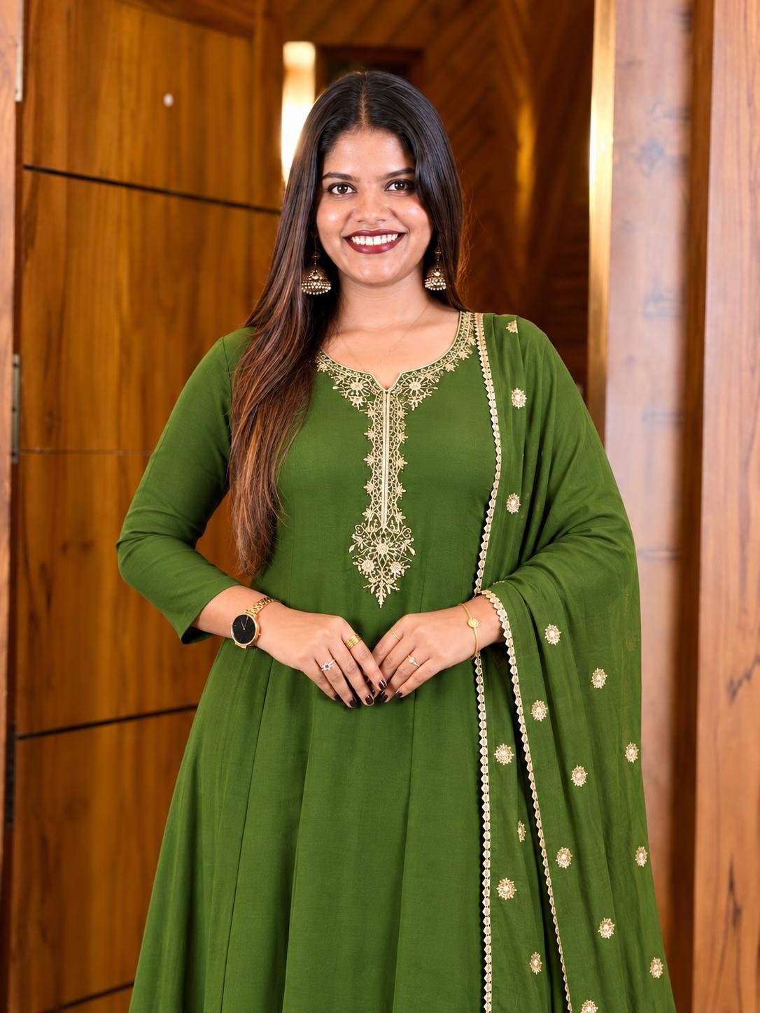 Mul Chanderi Embroidered Dress Set-Green thumbnail