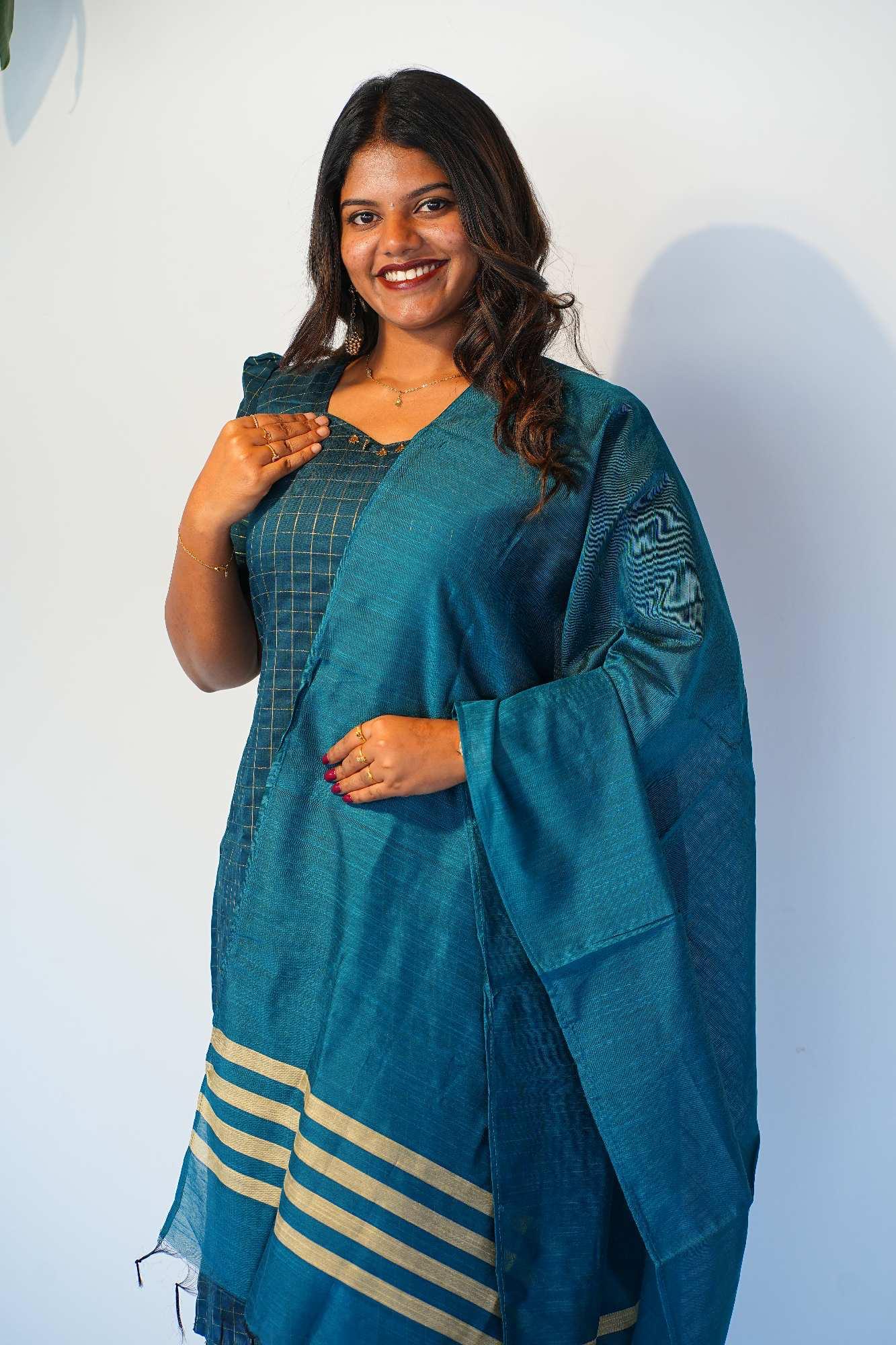 Raw silk checked-Ramar blue thumbnail
