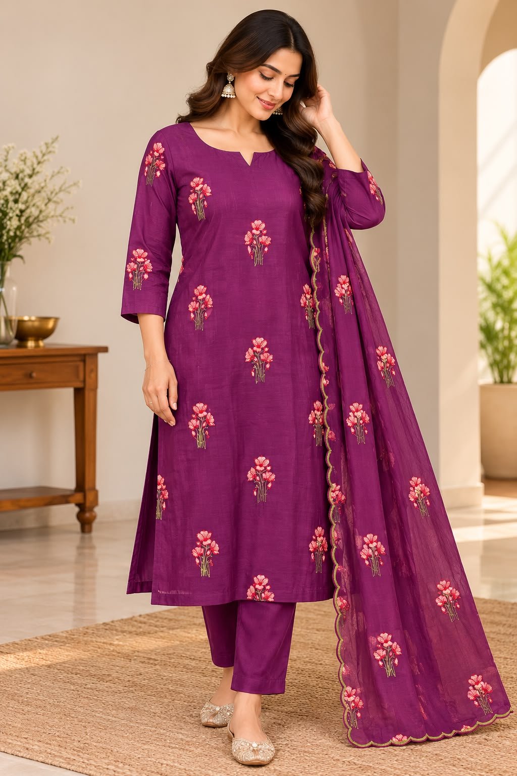 Elegant Purple Floral Embroidered Dress