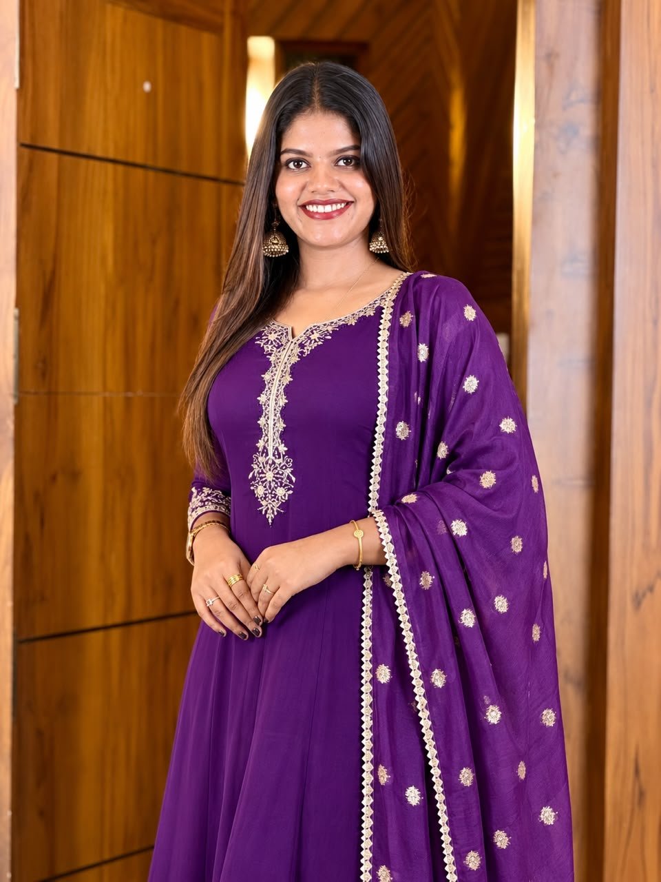 Mul Chanderi Embroidered Dress Set-Purple thumbnail