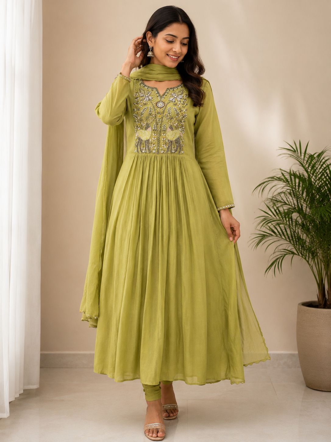 Mulchanderi kurta set -olive green thumbnail