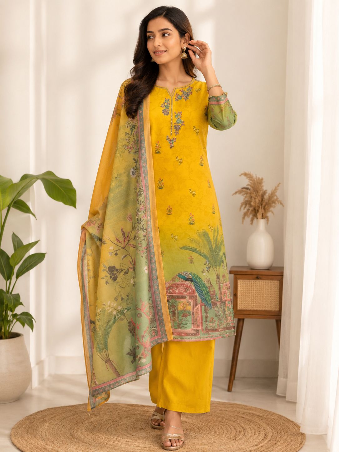 Muslin yellow three piece salwar