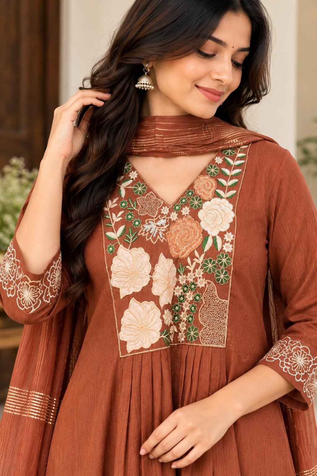 Elegant Rust Brown Embroidered Anarkali Set thumbnail