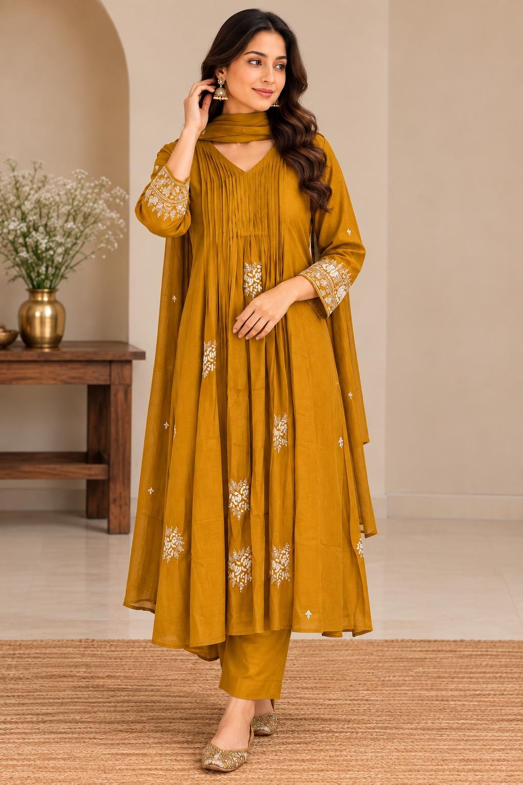 Premium Mulchanderi Anarkali -mustard set