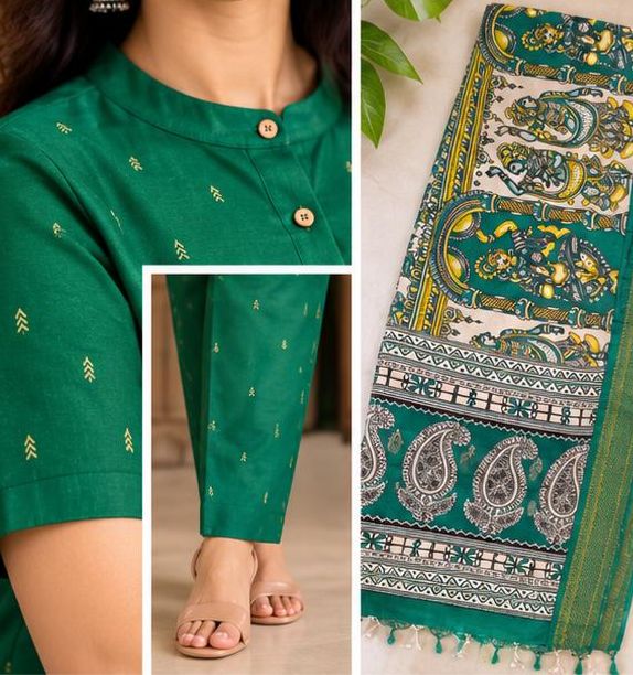 Raw silk Aline kurta set -Green thumbnail
