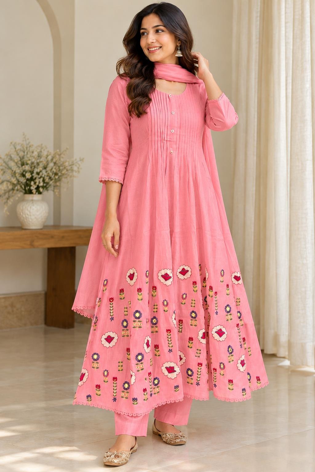Elegant Pink Embroidered Anarkali Set