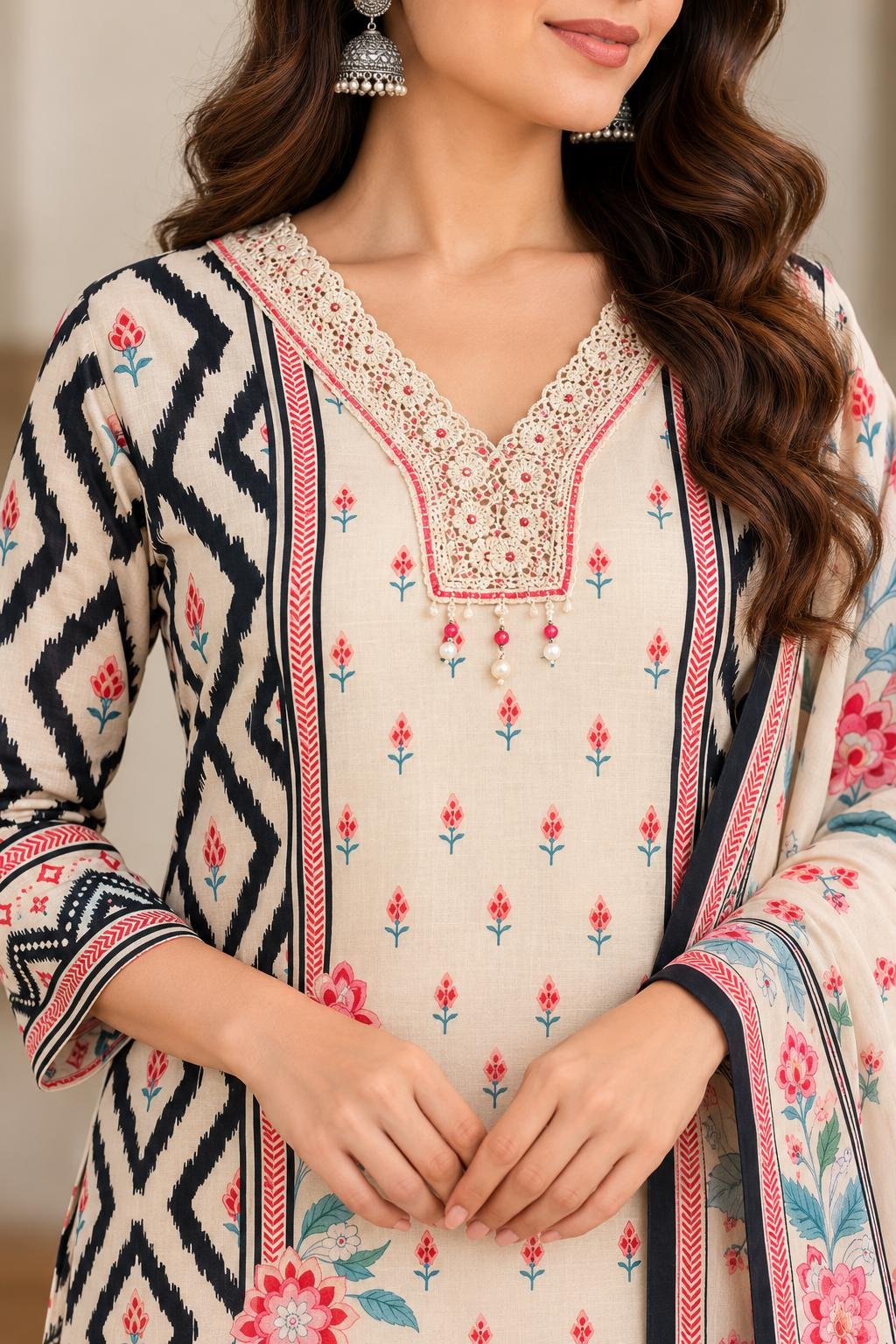 Premium Ivory Floral Printed 3-Piece Suit Set thumbnail