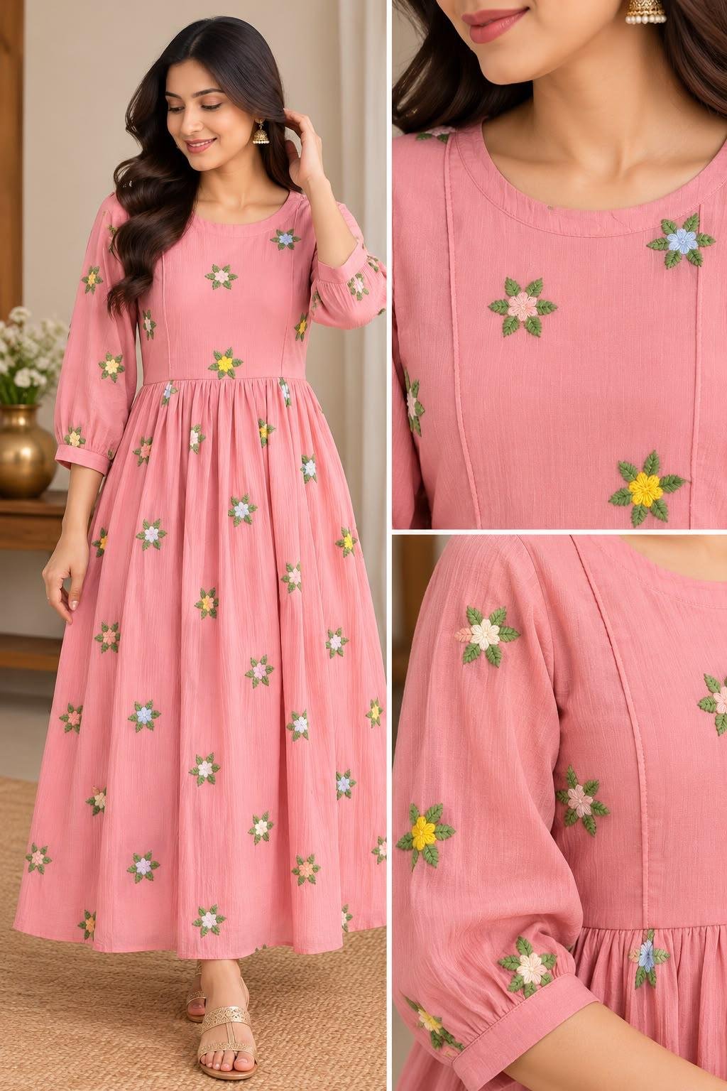 Premium Mul Chiffon Handwork Maxi – Soft Peach Pink shade thumbnail