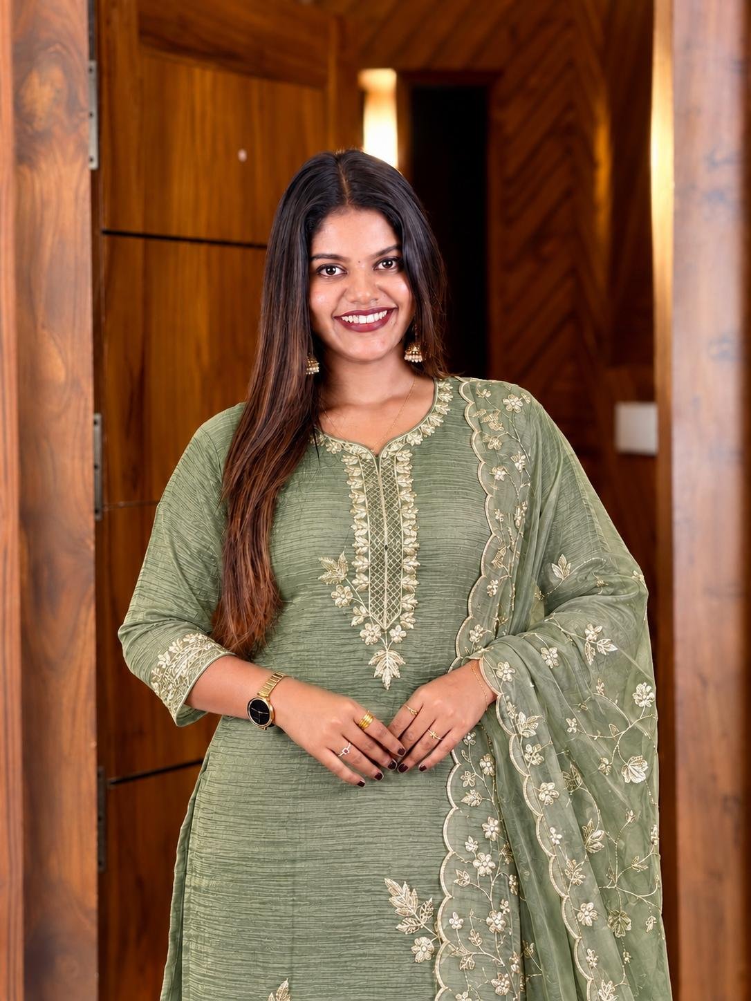 Salsa Tissue Embroidered Dress- Pastel green thumbnail