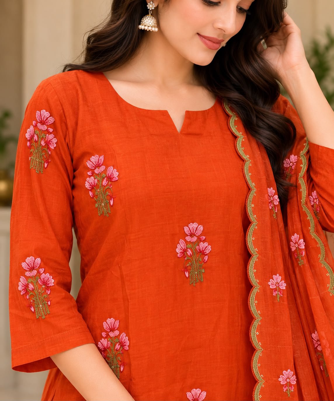 Elegant Rust Orange Floral Embroidered Kurta Set thumbnail