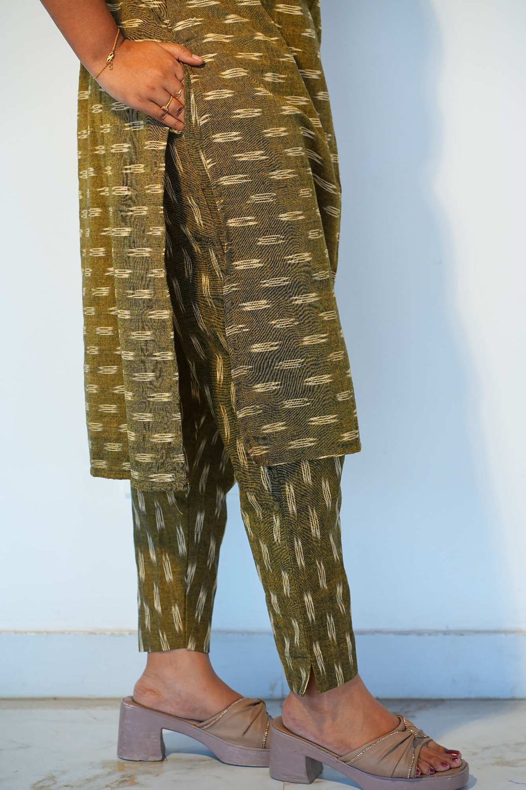 Ikkat coord set-olive green thumbnail