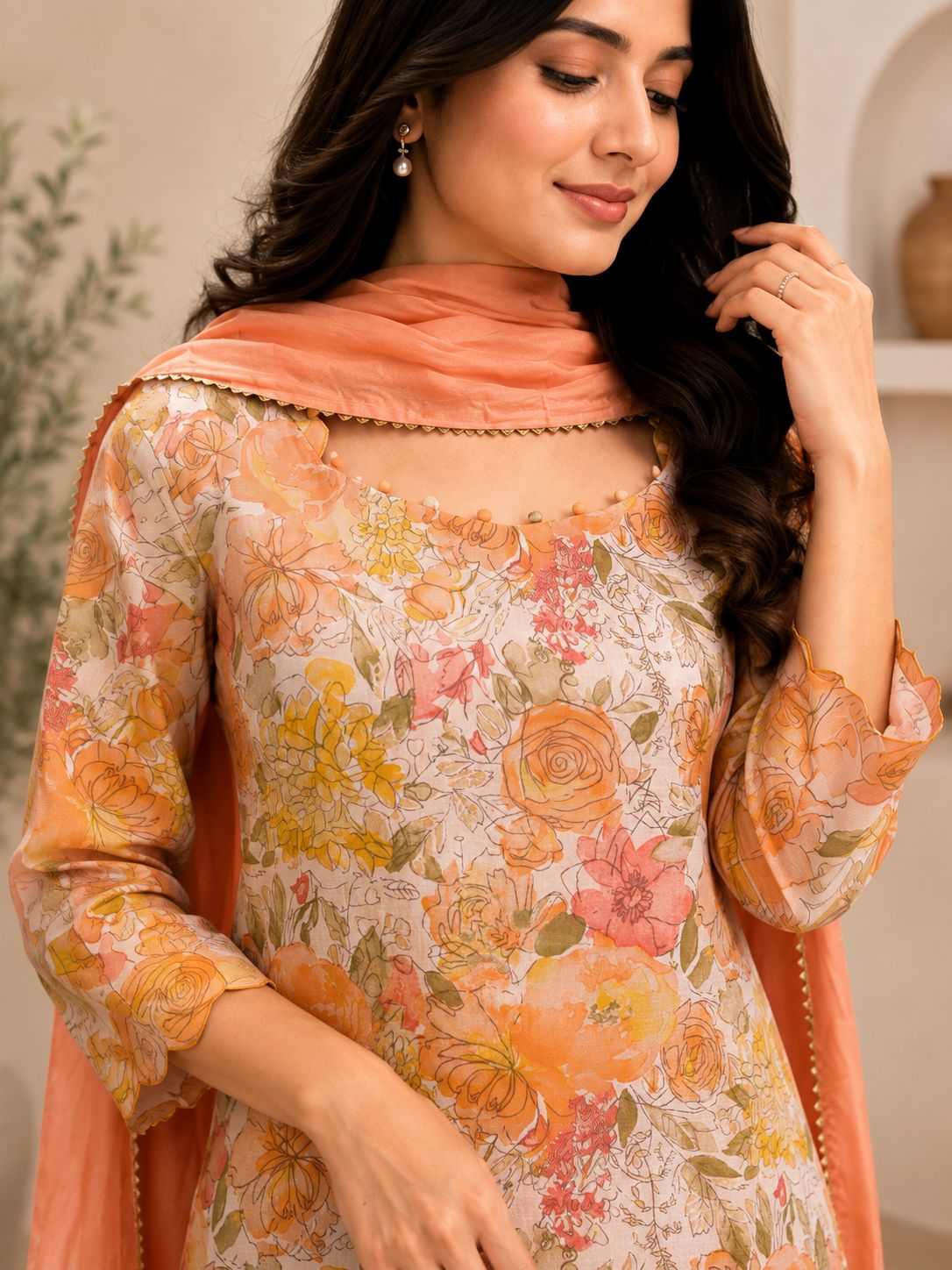 Floral muslin kurta set-peach thumbnail
