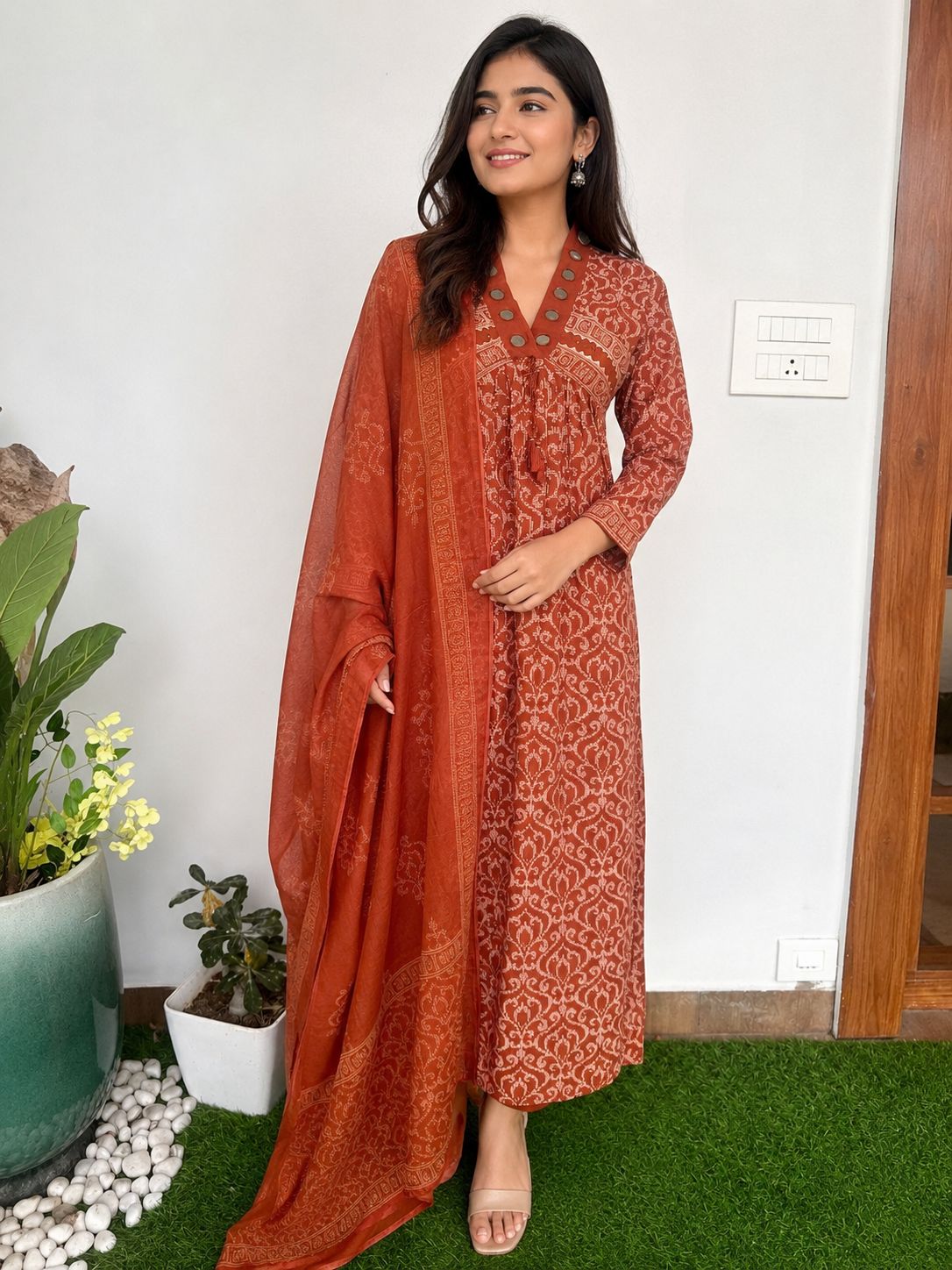 Rust orange cotton anarkali