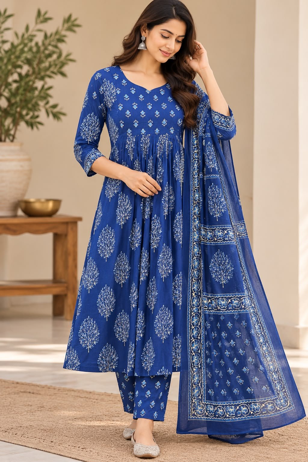 Elegant Royal Blue Cotton Printed 3-Piece Set