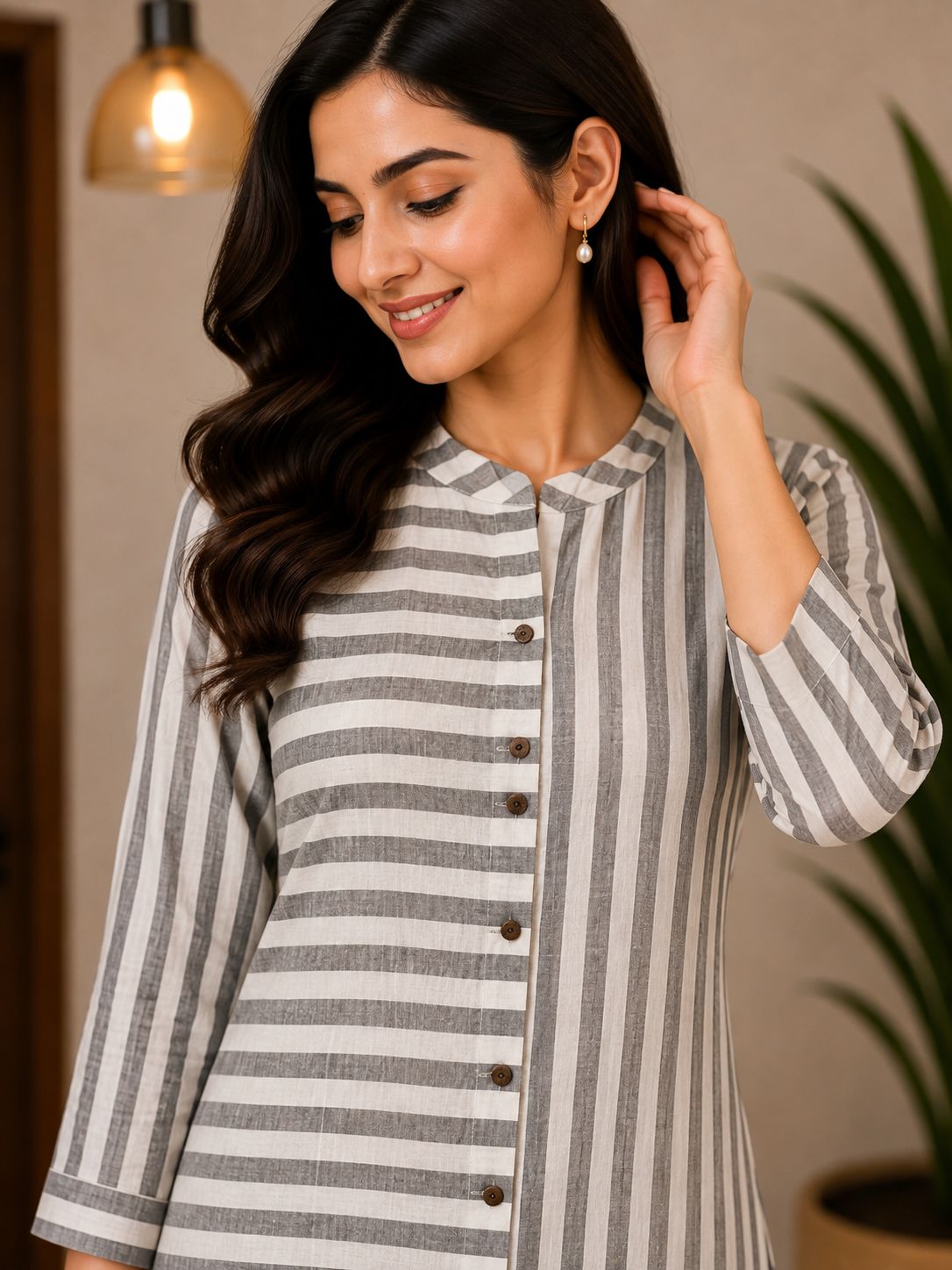 Grey and white striped top thumbnail
