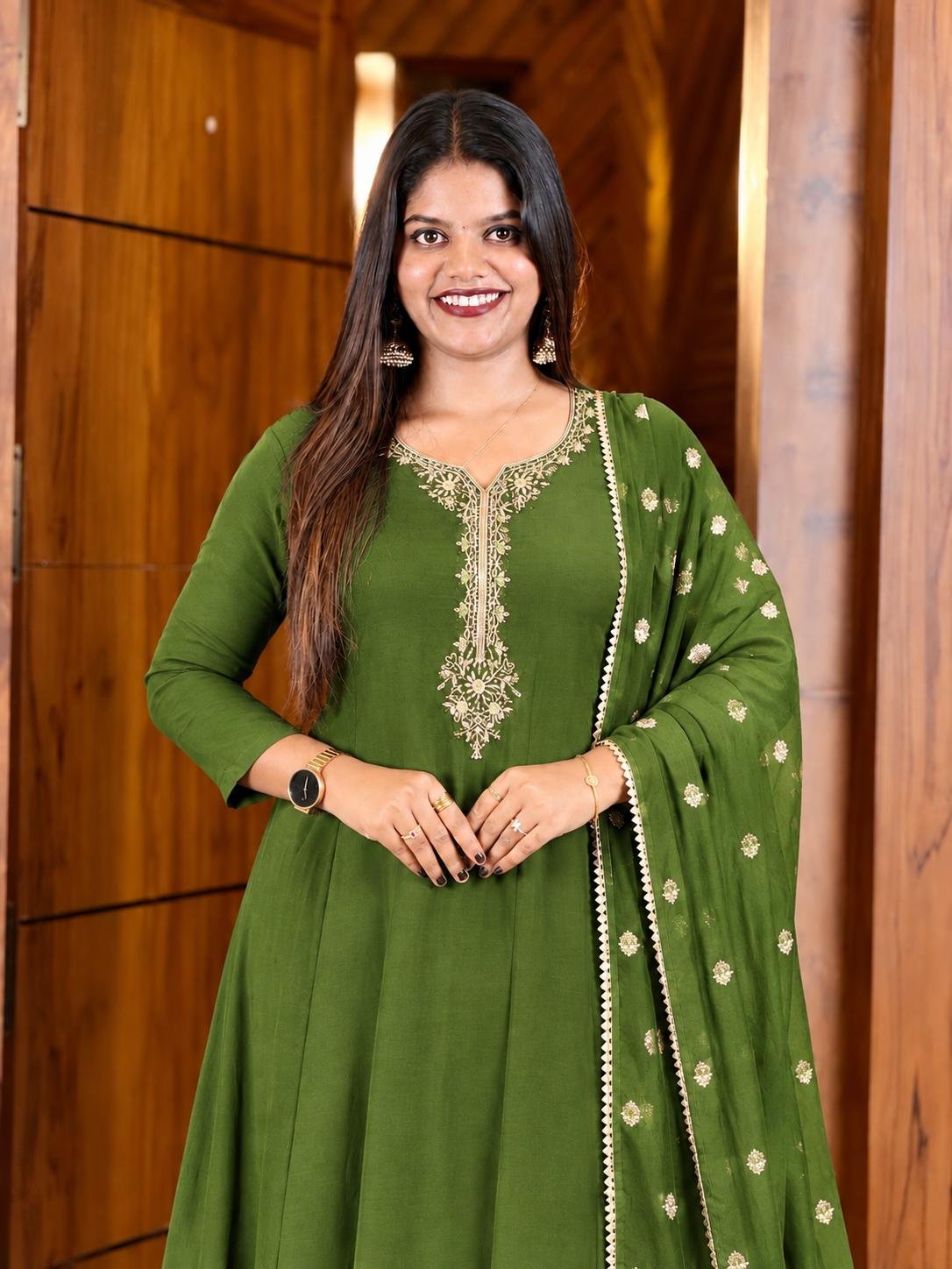 Mul Chanderi Embroidered Dress Set-Green thumbnail
