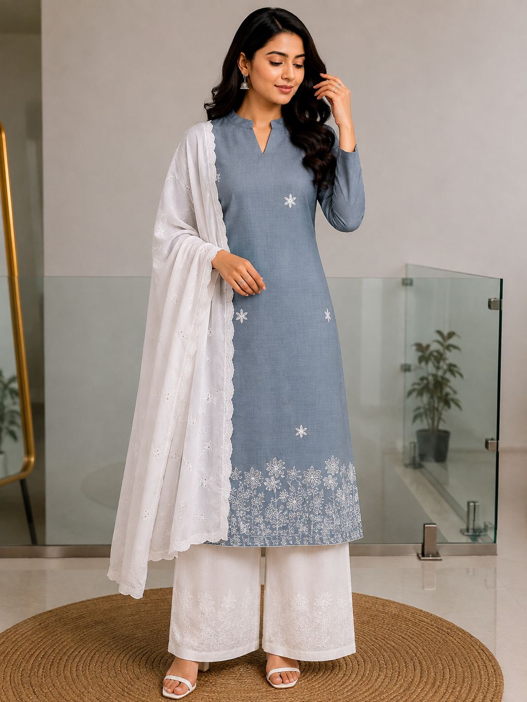 premium cotton hacoba suit set-Dusty blue