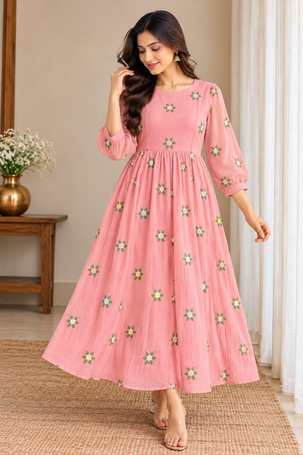Premium Mul Chiffon Handwork Maxi – Soft Peach Pink shade