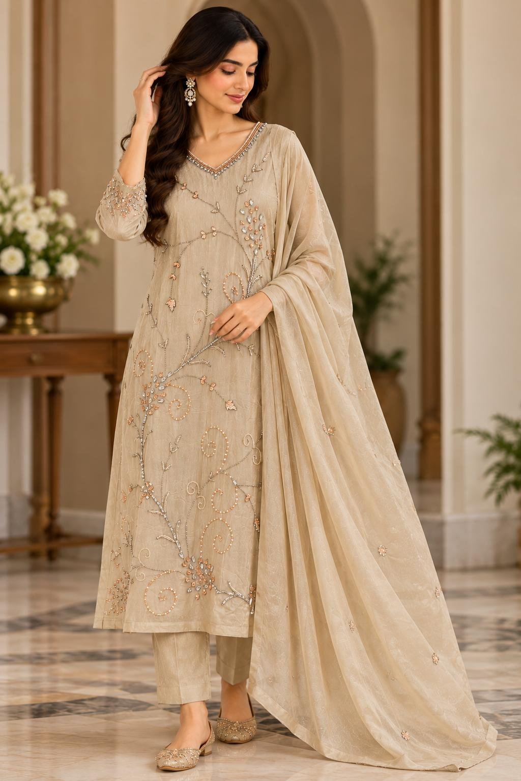 Champagne Beige Chinon Dress