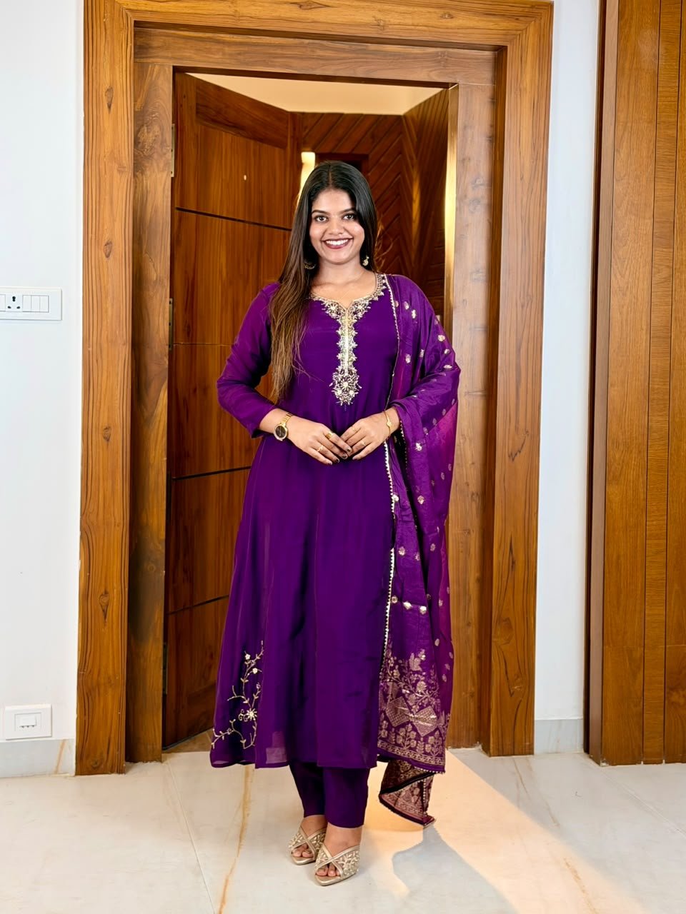 Mul Chanderi Embroidered Dress Set-Purple