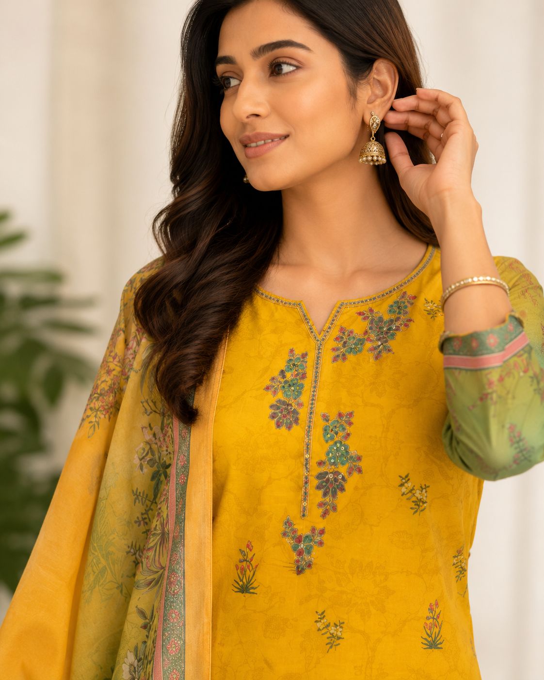 Muslin yellow three piece salwar thumbnail