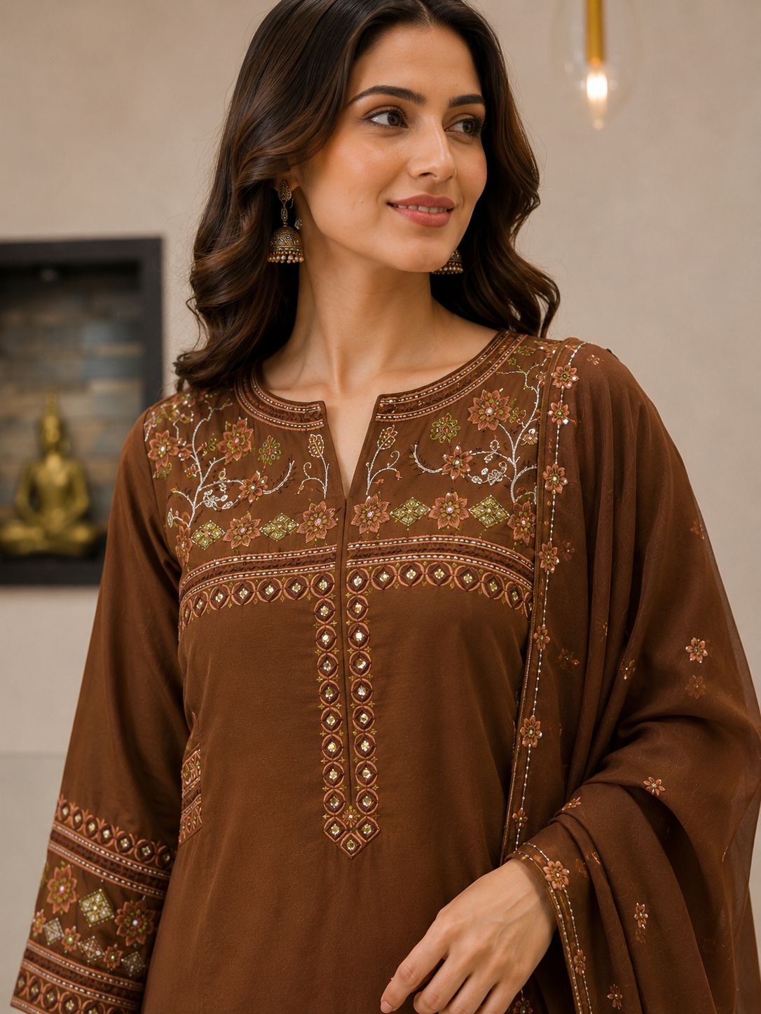 Elegant coffee brown three-piece dress thumbnail