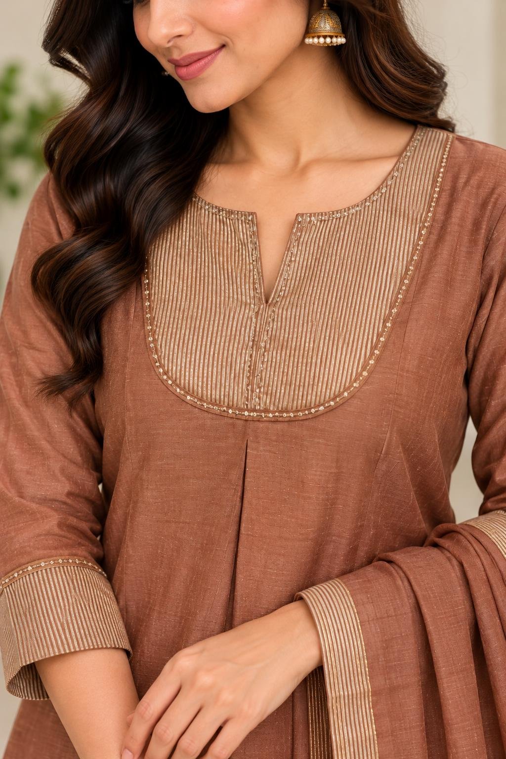 Premium Mulchanderi Anarkali Set – Antique Copper Brown thumbnail