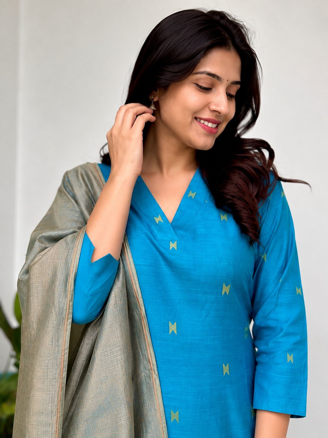 Raw silk Aline kurta set -Blue thumbnail