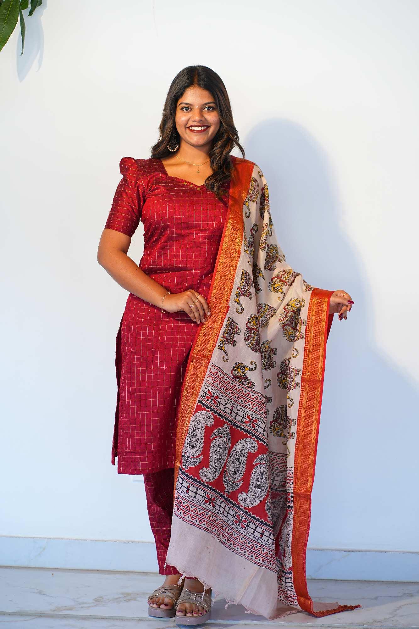 Raw silk checked-maroon thumbnail