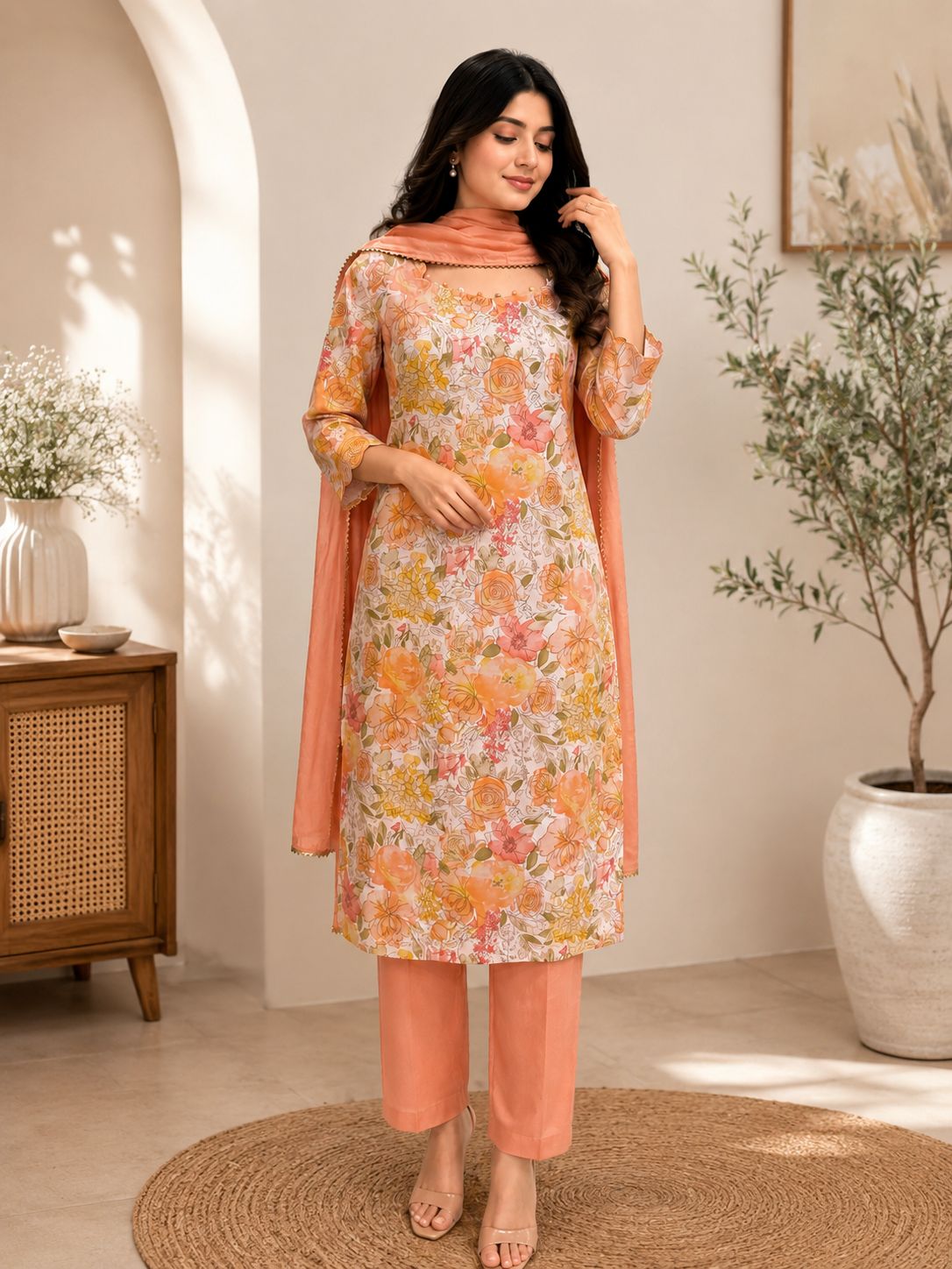 Floral muslin kurta set-peach