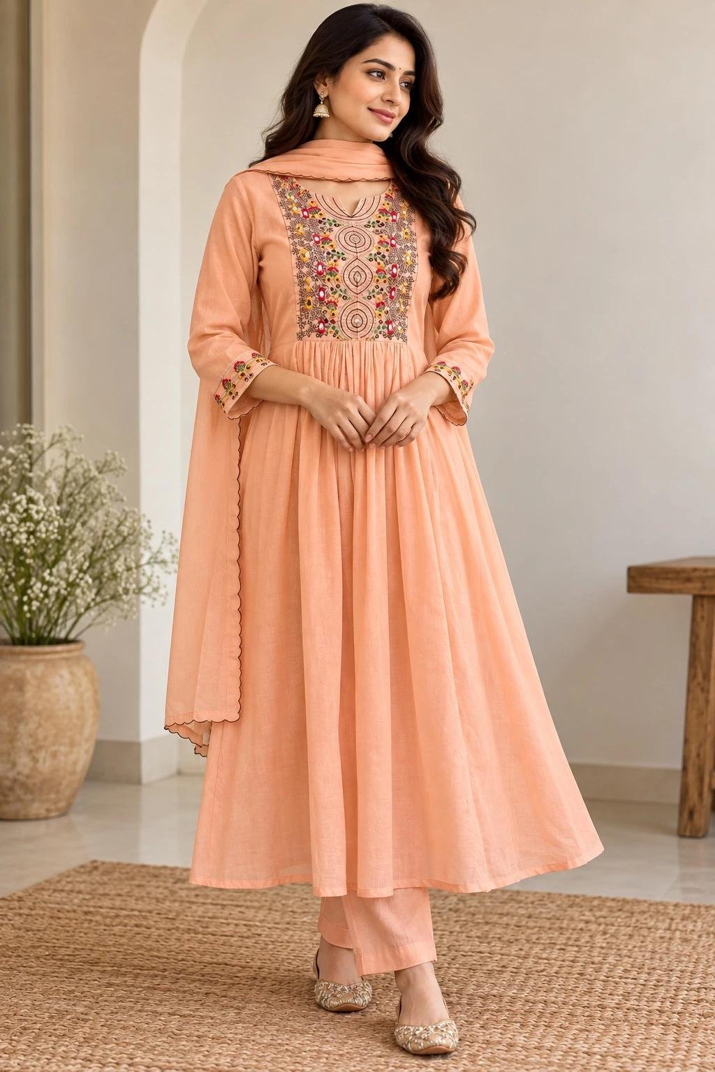 Elegant Peach Embroidered Anarkali Set