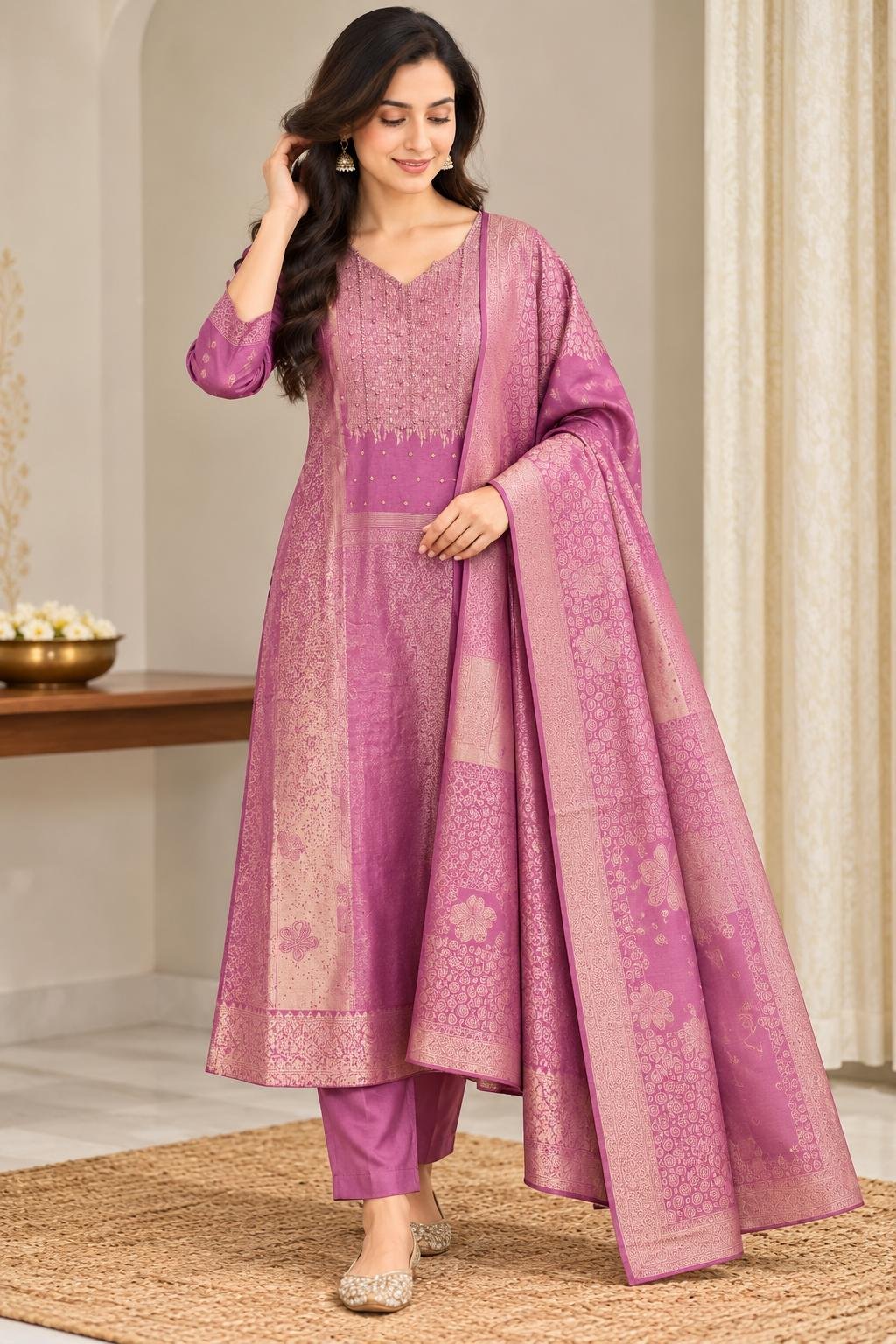 Premium Banaras-rose-magenta set