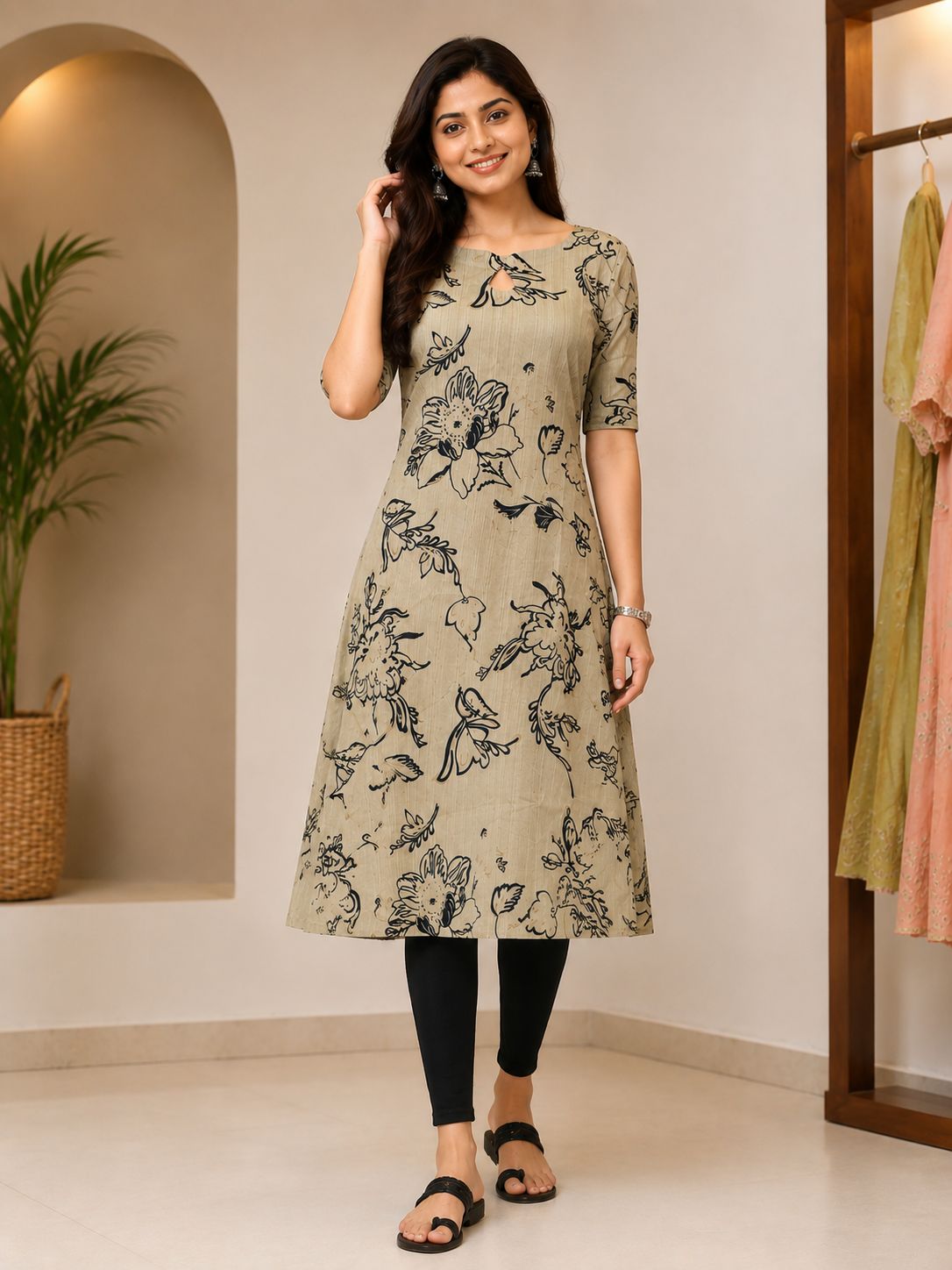 Beige A Line cotton kurta