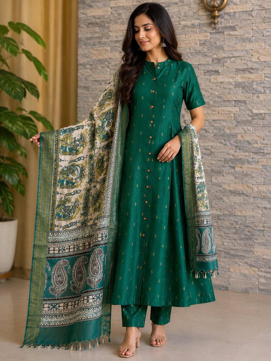 Raw silk Aline kurta set -Green