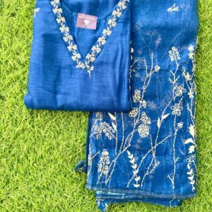 Linen kurta set with delicate white floral embroidery